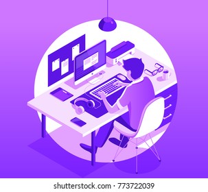 A man working on the computer. Workspace concept with devices. Smart phone, tablet, desktop computer, glasses, cup of coffee, notebook, headphones. Isometric 3d vector illustration.