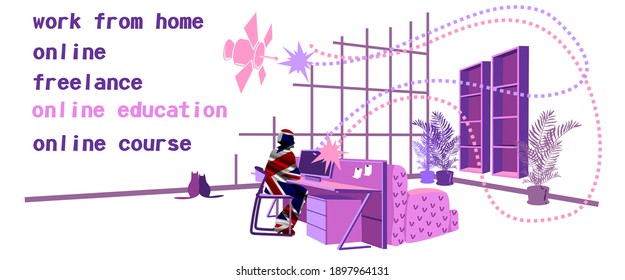 Man working on computers at home. Man at home in quarantine. Working at home, coworking space, online education concept illustration. Silhouette of a man with a flag. Vector flat style illustration