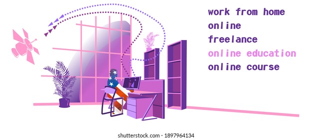 Man working on computers at home. Man at home in quarantine. Working at home, coworking space, online education concept illustration. Silhouette of a man with a flag. Vector flat style illustration