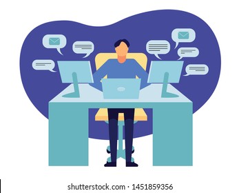 Man working on computers responding to many messages. Worker sitting at desk writing and sending letters in social network. Freelancer talking with clients on e-mail. Flat cartoon vector illustration