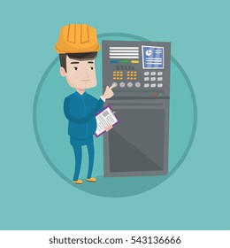 Man working on control panel. Worker in hard hat pressing button at control panel. Engineer standing in front of the control panel. Vector flat design illustration in the circle isolated on background