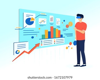 Man working on data analysis in virtual reality user interface, wearing VR goggles and standing near the wall of graphs and charts, on blue to white gradient background