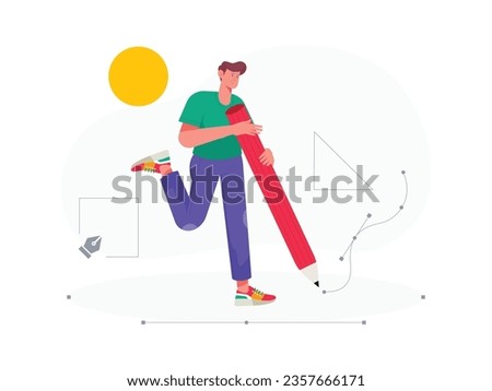 Man is working on design. Designer drawing scetch in vector programm with big pencil
vector illustration, flat design