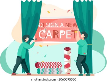 Man is working on design of new carpet, interior shop, exhibition of interior items. Manufacture of carpets concept. Person stands near rolled carpets, photographing rugs for advertising booklet