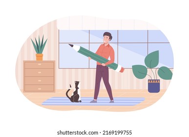 Man working on design project with big pencil. Creative designer drawing sketch of cosy room interior. Man architect drawing modern apartment project flat vector