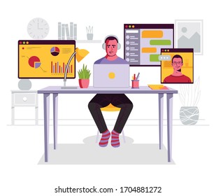 Man working on desk at home Vector illustration