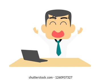 A man working on desk with laptop and his smile on his face.happy business concept.