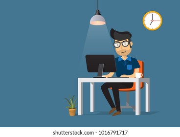 Man working on desktop computer and coffee cup.