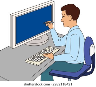 Man working on desktop computer with pen tablet pen in office