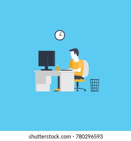 Man working on desktop computer. Office worker in flat design, abstract vector silhouette.