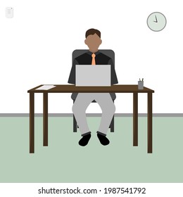 Man working on desktop, laptop at workplaces. Business concept. Office workshop. Vector illustration.