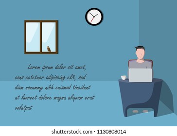 man working on desktop notebook computer at home sample character preview simple cartoon design vector illustration