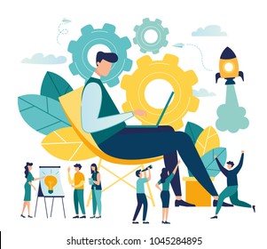 The man is working on the development of the idea of the design concept of the project. people help generate ideas. creative business project. vector illustration. Metaphor of transmissions as a workf The man is working on the development of the idea of the design concept of the project. people help generate ideas. creative business project. vector illustration. Metaphor of transmissions as a workf