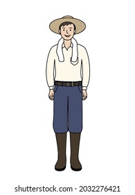 Un hombre trabajando en una granja. Mirando la cámara. Ilustración vectorial.