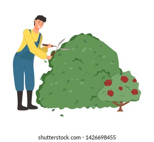 Man working on field vector, person holding scissors and cutting bushes isolated farmer on nature. Flat style gardening tool, farmer with instrument