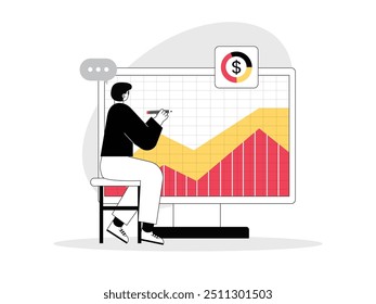 El hombre está trabajando en datos de análisis financiero del trabajo, Plan de desarrollo económico. Carácter de diseño. Ilustración plana de Vector