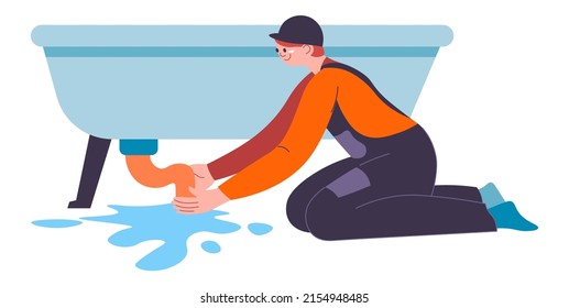 Man working on fixing leakage from bathtub, isolated professional plumber in uniform dealing with problem in bathroom. Broken pipe maintenance or renovation of tubes at home. Vector in flat style