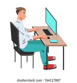 Man working on his computer by the desk illustration on white background