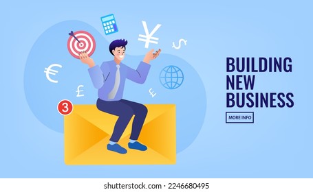 Man working on his envelope. Effective time management, workplace, workflow. Freelancer Work Remotely at Home or Coworking Place Using Smart Device. Flat Vector Illustration.