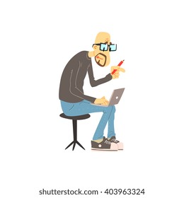 Man Working On His Lap Top  Cute Cartoon Style Flat Vector Illustration On White Background