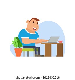 Man working on his laptop, vector flat illustration