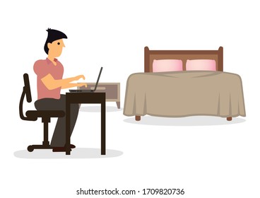 Hombre trabajando con su laptop en su casa.Trabajar en casa. Trabajadores independientes trabajando en laptops en casa. Gente en casa en cuarentena. Ilustración vectorial. 