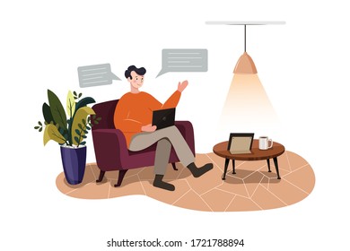 Man working on his laptop on the sofa at home. Vector illustration.