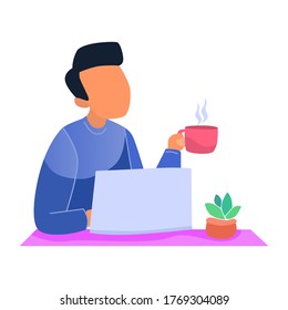 Man working on his laptop with a cup of coffee. Work from home vector illustration concept