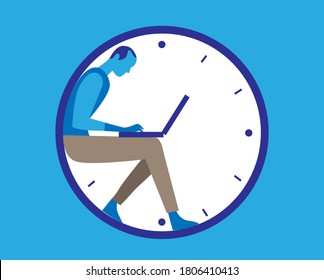 A man working on his laptop inside a clock. Time management concept