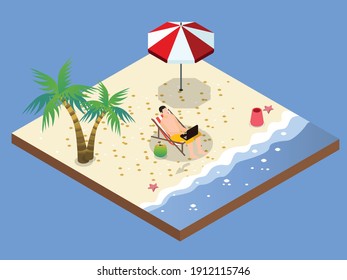 man working on his laptop while relaxing at the beach isometric 3d vector concept for banner, website, illustration, landing page, flyer, etc.