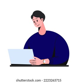 Man working on his laptop, smiling man with blue sweater and watch doing his freelance job seriously, people illustration vector.