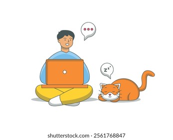 Man working on his laptop with his favorite cat. Sleeping on the side. Character design. Vector flat illustration