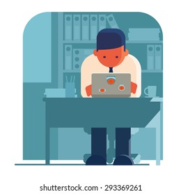 Man working on his own laptop. BYOD illustration. Bring Your Own Devices.
Man sitting in office and working on his own laptop with some sport stickers on it.