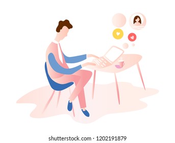 man working on internet using laptop and drinking coffee. work at home. travel and work. Flat vector illustration