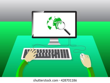 Man working on internet using computer and keyboard