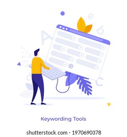 Man working on keyboard connected to window with words or tags. Concept of online keywording tool, professional outsoursing service for microstock images. Modern flat vector illustration for banner.