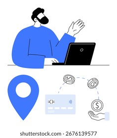 Hombre trabajando en el portátil por encima del pin del mapa, tarjeta de crédito e iconos de moneda. Ideal para trabajo remoto, transacciones en línea, pagos digitales, tecnología financiera, servicios de ubicación, comercio electrónico virtual