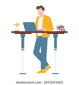Man working on laptop at adjustable standing desk with books and coffee productive and organized workspace isolated on transparent background