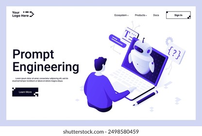 Man working on laptop with AI assistant. Prompt Engineering landing page isometric template. Structuring instruction for learning generative AI model creative 3d vector illustration for web page