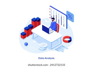Man working on laptop and analyzing statistical information represented by charts, graphs and diagrams. Big data analysis process. Vector illustration in flat style for poster, banner.