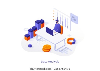 Man working on laptop and analyzing statistical information represented by charts, graphs and diagrams. Big data analysis process. Vector illustration in isometric stye