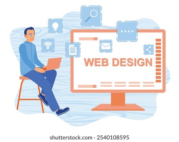 Man working on laptop. Assemble a web page from the icons that appear on the screen. Web design concept. Flat vector illustration.