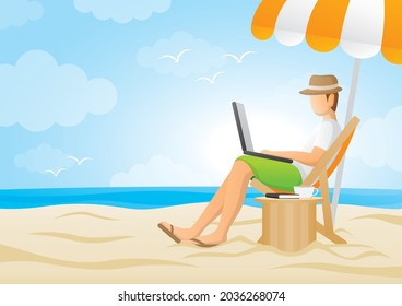 a man is working on laptop at beach with blue sky and orange parasol. workation illustration vector.