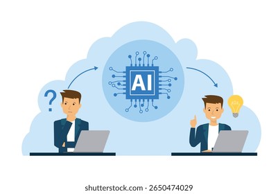 Man working on laptop beside AI chip. suggest for technology, data analysis, education, AI, remote work, innovation, digital transformation.