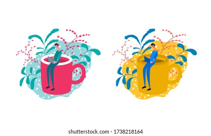 A Man Working on Laptop and a Big Mug. Flat illustration. Vector 