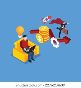 Man working on laptop with businessman flyng up following uptrend 3d isometric vector illustration concept for banner, website, landing page, ads, flyer template