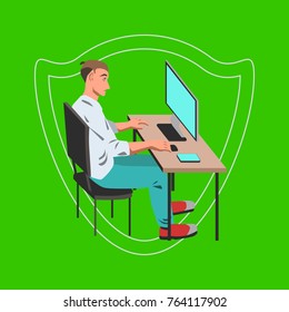 Man working on laptop by the desk illustration