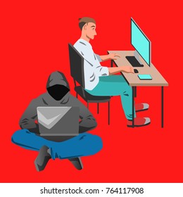 Man working on laptop by the desk illustration