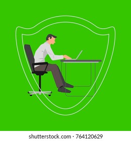 Man working on laptop by the desk illustration