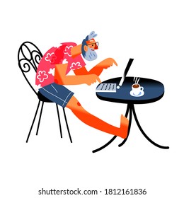 Man working on laptop at cafe. Guy typing on computer at table with coffee. Modern workplace vector illustration. Professional worker lifestyle, digtal technology, remote location.